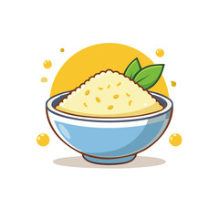 Stylized bowl of rice with basil leaves in front of yellow circle backdrop for culinary presentation