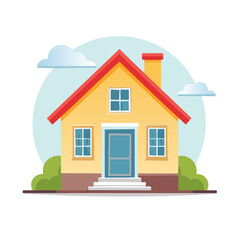 Cartoon yellow house with red roof and blue door set against sky and clouds