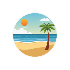 Tropical Beach Scene with Palm Tree, Waves, and Sun in a Circular Frame