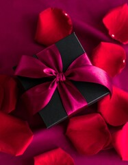 A black gift box with a magenta ribbon, surrounded by rose petals on a deep magenta surface