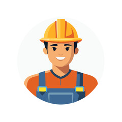 Smiling male construction worker in yellow hard hat and blue overalls avatar illustration
