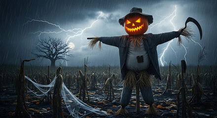 Halloween scarecrow with pumpkin head in stormy cornfield