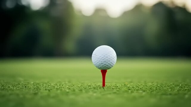 Golf ball on tee with green course.