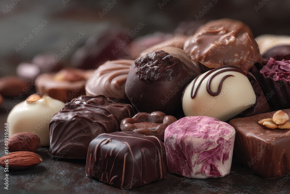 Poster assorted chocolate candies arranged beautifully on a textured surface for a tempting display in a co