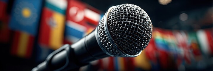 Microphone stands in front of colorful flags during an international event celebrating diverse cultures and voices