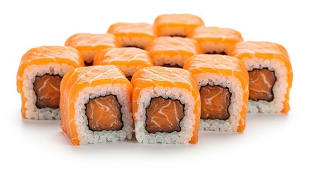 Delicious Salmon Sushi Rolls Isolated on White Background Perfect Japanese Cuisine Meal