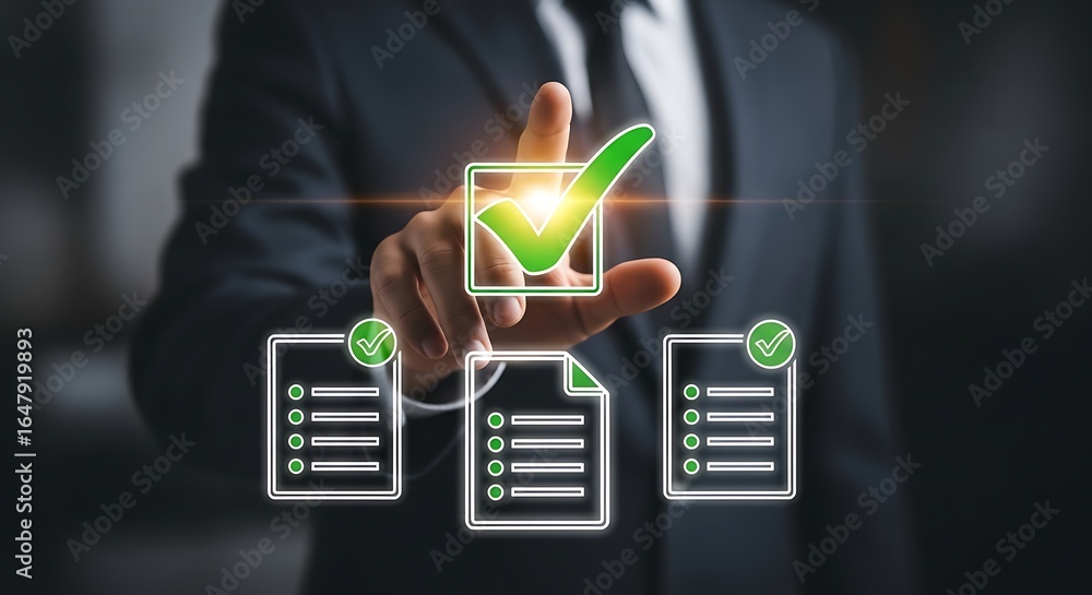 Poster businessman in a suit pointing to a glowing checkmark in a checkbox, signifying successful task comp