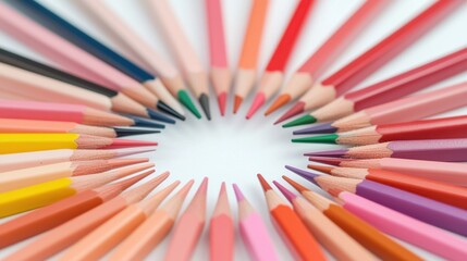 A detailed macro shot of colorful pencils arranged in a circular pattern with their sharpened tips pointing inward. The pencils display a spectrum of colors from red to violet.