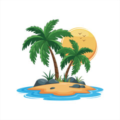 Obraz premium Tropical island landscape vector with palm trees, sandy beach, and ocean waves under a summer sky