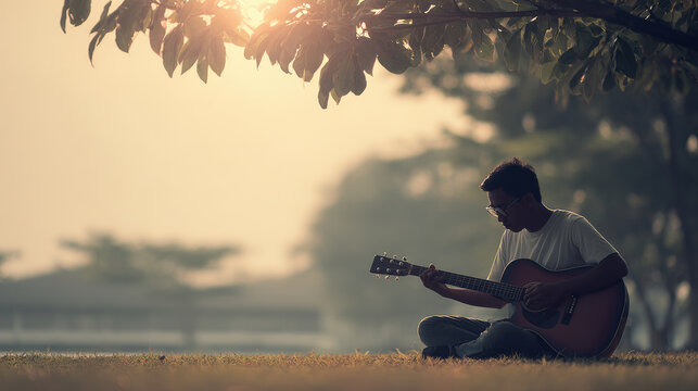 young man sits on grass passionately playing his guitar under warm bright sunlight