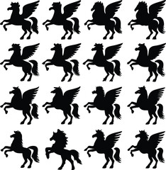 A Black and White Collection of Pegasus Silhouettes Featuring Winged Horses in Various Poses with Stylized Details