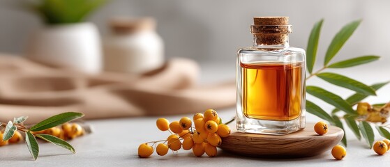 Glass jar of golden oil sits on a wooden coaster next to vibrant orange berries and green leaves, showcasing a natural setting