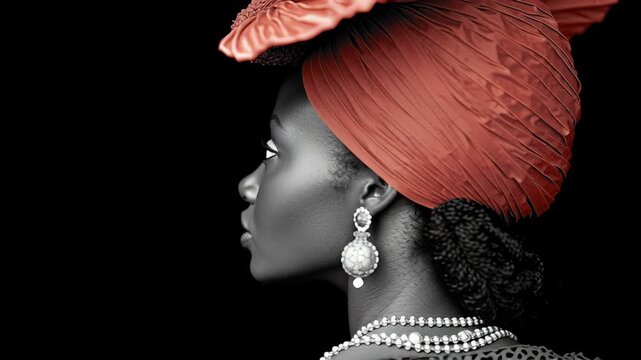 Profile of an elegant afro american woman in a detailed red headwrap and ornate earrings, with braided hair, on solid black background