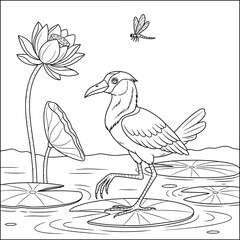 Jacana Bird Walking on Lily Pads with Dragonfly and Lotus Flowers — Fun Coloring Page