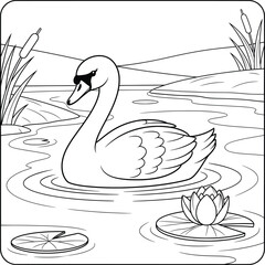 Swan gliding through a peaceful pond surrounded by lily pads and reeds – black and white line art for coloring
