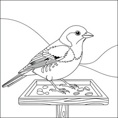 Obraz premium Realistic cartoon bird eating seeds from wooden feeder tray – kids coloring page illustration