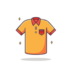 Cartoon illustration of an orange polo shirt with a red collar and pocket.
