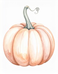 Watercolor Painting of an Orange Pumpkin with Curly Stem on White Background