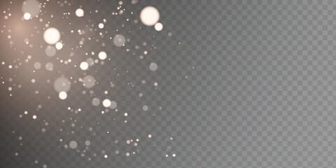 Abstract background of glowing golden particles with bokeh and glow effects, placed on a transparent background. Great for holiday decorations, background overlays and New Year's scenes.

