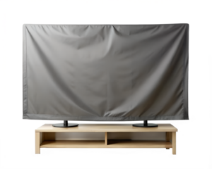 Television screen covered with a grey protective cover on a wooden stand isolated on transparent background