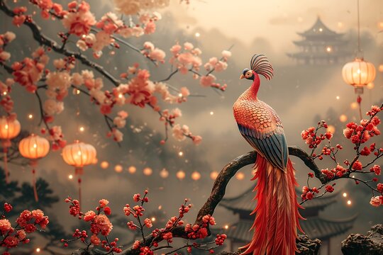 Beautiful phoenix perched in oriental scenery high resolution picture