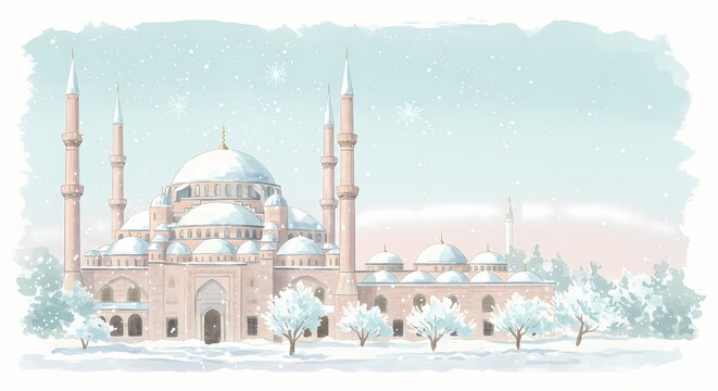 Snow-covered mosque with tall minarets in winter landscape  