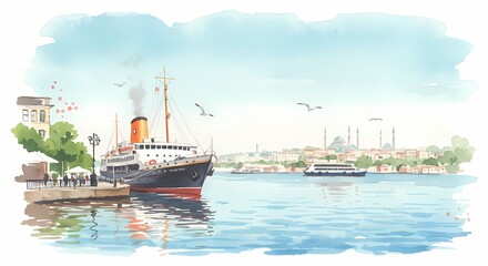 Obraz premium Vintage steamship docked by the river with city skyline in background 