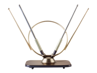 Indoor television antenna with metal rods and a circular loop, isolated on transparent background
