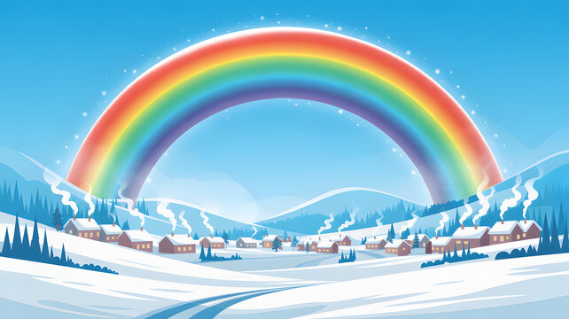 Winter village scene with vibrant rainbow and snowy landscape illustration