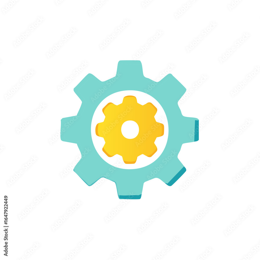 Poster minimalist teal and yellow cogwheels illustrating settings configuration and operational efficiency