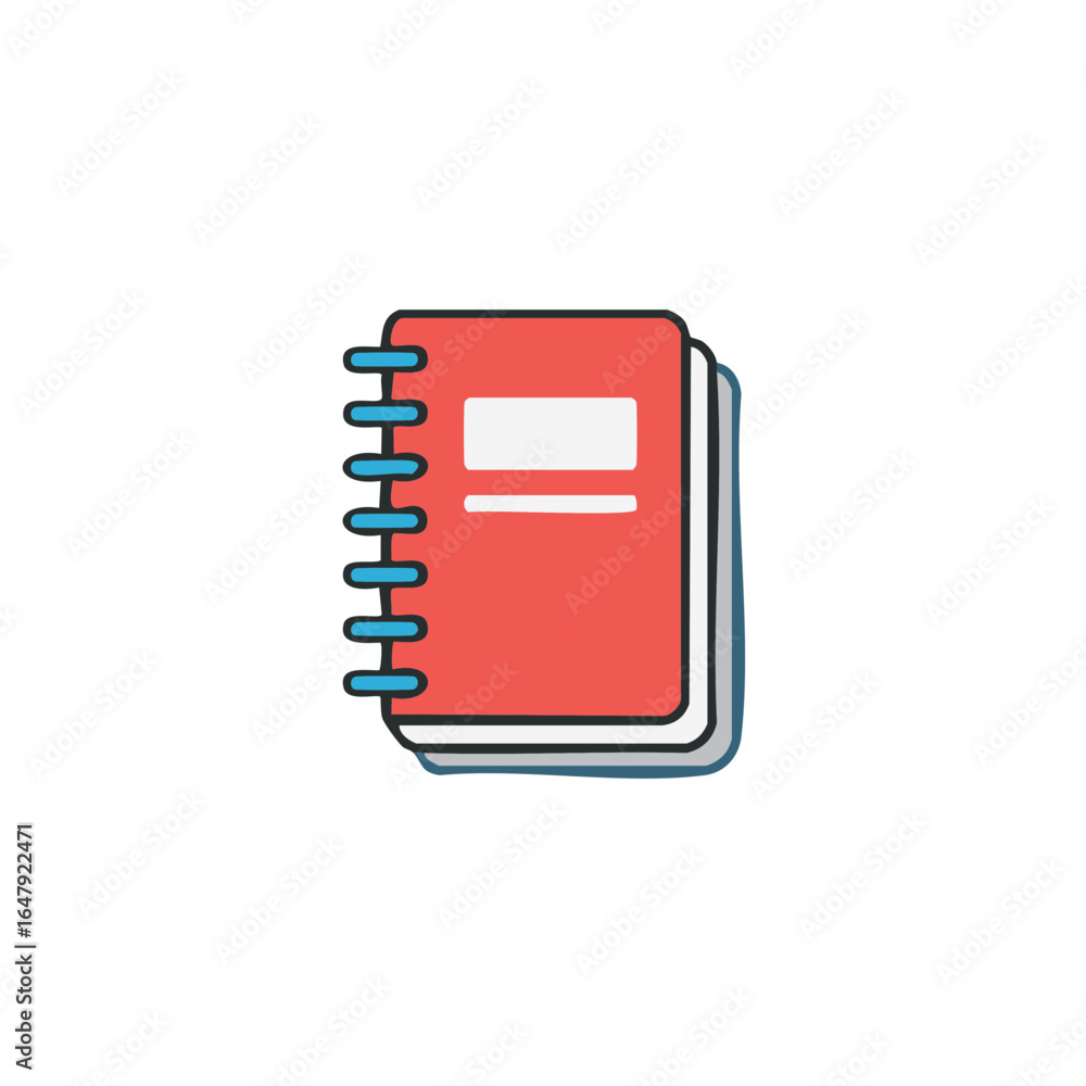 Poster Simple red notebook with spiral binding for notes list or school project. Doodle styled illustration.