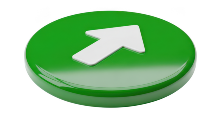 Green button with white upward arrow isolated on white background