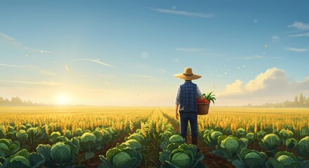 Fototapeta premium Farmer standing in cabbage field at sunrise holding basket of vegetables 