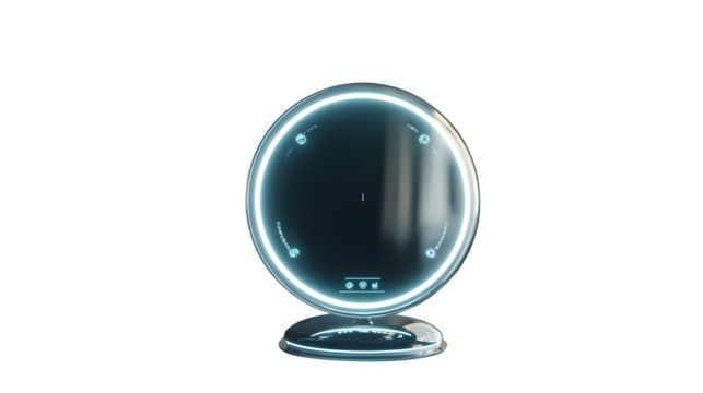 Futuristic glowing orb device with holographic interface and data visualization