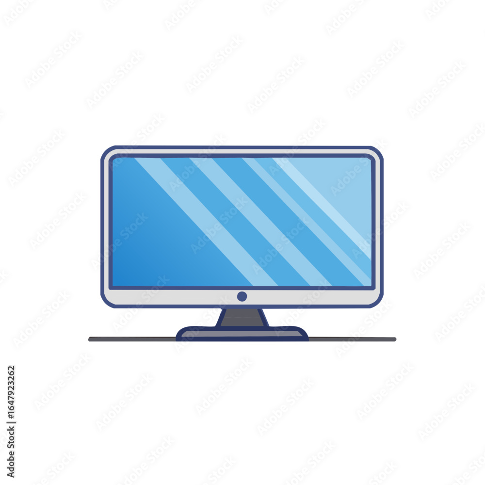 Poster flat design computer monitor with bright blue screen and simple stand on a horizontal line