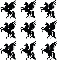 Elegant Pegasus Silhouettes Arrayed in a Grid Pattern Evoking Mythic Grace and Timeless Equestrian Majesty Against a Pristine White Backdrop
