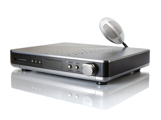 Silver audio amplifier with a microphone and control knobs, isolated on transparent background