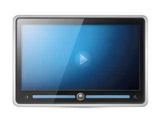Digital video player interface with a play button on a blue screen, isolated on transparent background
