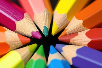 Naklejka premium A detailed macro shot of colorful pencils arranged in a circular pattern with their sharpened tips pointing inward. The pencils display a spectrum of colors from red to violet.
