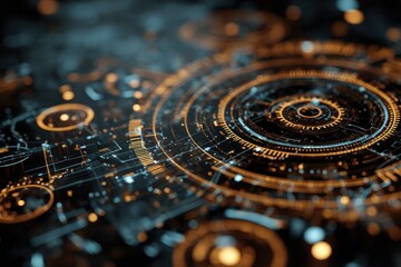 Abstract technological background showcasing intricate patterns with glowing elements and interconnected lines in a modern design setting