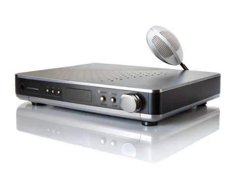 Silver audio amplifier with a microphone and control knobs, isolated on transparent background - Powered by Adobe