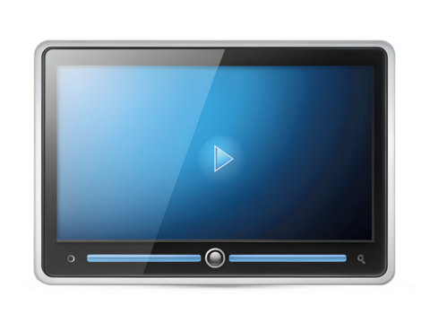 Digital video player interface with a play button on a blue screen, isolated on transparent background