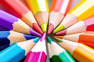 A detailed macro shot of colorful pencils arranged in a circular pattern with their sharpened tips pointing inward. The pencils display a spectrum of colors from red to violet.