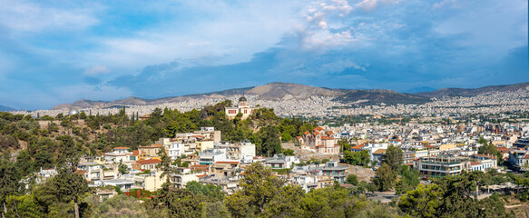 View of the city of Athens from the top of the historical rocky hill Areopagus, Athens, Attica,...
