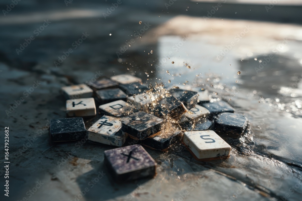 Poster scattered scrabble tiles splash in water on a textured surface during daytime, creating a playful an