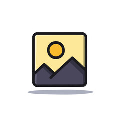 Simple landscape icon with sun and mountains illustration