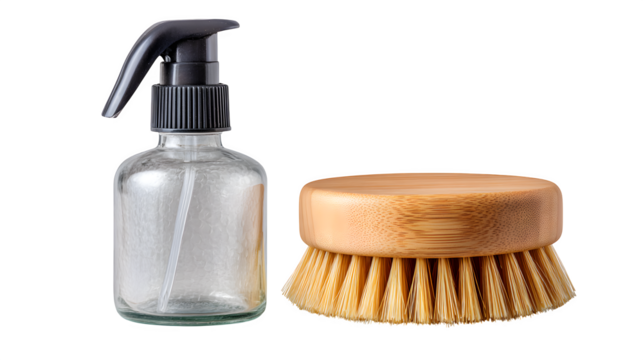 Sustainable cleaning duo featuring a glass spray bottle and natural bamboo brush for eco-friendly home care solutions