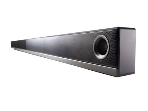 Modern black soundbar speaker for home theater entertainment system, isolated on transparent background