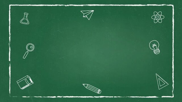 back to school calk border frame and stationary elements on green chalkkboard animation, education and science social media motion background	