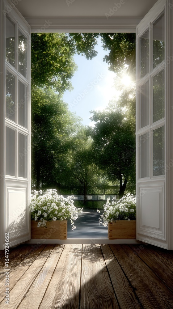 Poster lush flowers cascade over a wooden path next to an open window, creating a peaceful and inviting atm
